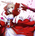  blonde_hair blue_eyes breasts dress fate/extra fate_(series) petals red_dress saber_extra short_hair solo sword vane weapon 