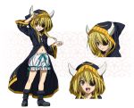  &gt;:) &gt;:d 1girl :d blonde_hair bloomers bontenmaru_(oda_nobuna_no_yabou) boots character_sheet cross date_masamune eyepatch frills hood horns lowres oda_nobuna_no_yabou official_art open_mouth ribbon smile solo white_background yellow_eyes 