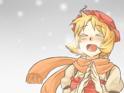  aki_minoriko arana_21 blonde_hair blush closed_eyes eyes_closed food fruit grapes hat mutsuki_(tsugaidanuki) open_mouth puffy_sleeves scarf short_hair solo touhou 