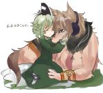  animalization bad_id dress ghost_tail green_dress green_hair hat long_sleeves ringetsumon short_hair silver_hair sitting soga_no_tojiko tate_eboshi touhou toyosatomimi_no_miko wolf 