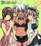  3boys bare_shoulders bikini_top birthday blue_eyes blush bow brown_eyes brown_hair choker collar crossdressing crossdressinging crossover dark_skin dress fang fangs grey_hair hair_bow hairband hands_together heart horns looking_at_viewer maid makuro male midriff multiple_boys navel open_mouth original pink_dress pointy_ears purple_eyes short_hair short_shorts shorts smile translated translation_request trap usa_usa_nyan_nyan violet_eyes white_hair 