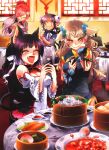  4girls :d ^_^ absurdres animal_ears bare_shoulders black_hair blush breasts brown_hair cat_ears cellphone chair china_dress chinese_clothes cleavage closed_eyes detached_sleeves double_bun eating eyes_closed fang food hair_ornament hand_on_own_face highres holding iphone multiple_girls nikuman open_mouth original phone pink_hair ponytail red_eyes scan sitting smile table tears yzy 