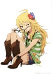  absurdres ahoge blonde_hair boots breasts cleavage flower glasses green_eyes highres hoshii_miki idolmaster jewelry long_hair necklace nishigori_atsushi official_art scan shorts tongue white_background wink 