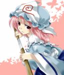  grin hat katana nuttersho pink_eyes pink_hair saigyouji_yuyuko smile solo sword touhou triangular_headpiece unya weapon 