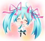 ahoge aqua_hair chibi closed_eyes eyes_closed hahifuhe hair_ribbon hatsune_miku long_hair necktie open_mouth outstretched_arms ribbon skirt solo spread_arms thigh-highs thighhighs twintails very_long_hair vocaloid 