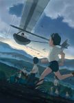  aircraft black_hair brown_hair cabbie_hat cloud clouds dutch_angle field goggles grass hat hill house motor_vehicle multiple_boys open_mouth original pants pointing power_lines q; running shirt shoes short_hair shorts sky tree truck vehicle 