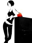  bag bare_shoulders belt copyright_request highres instrument leaning lips midriff monochrome pants piano sawasawa short_hair solo spot_color tank_top 