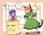  2girls animal_ears blush braid cat_ears cat_tail chinese_clothes hat highres kaenbyou_rin long_hair long_sleeves mallet miyako_yoshika multiple_girls multiple_tails outstretched_arms puffy_sleeves purple_eyes purple_hair red_eyes red_hair redhead short_hair short_sleeves smile star symbol-shaped_pupils tail touhou twin_braids verta_(verlaine) violet_eyes zombie_pose 