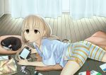  animal bike_shorts blonde_hair brown_eyes candy cat food futaba_anzu harmaline idolmaster idolmaster_cinderella_girls long_hair playstation_vita pocky psp 