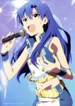  absurdres artist_request belt blue_hair brown_eyes crying highres idolmaster kisaragi_chihaya long_hair microphone midriff navel open_mouth singing tears the_idolm@ster 