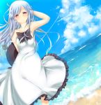  alternate_costume arm_behind_back bare_shoulders beach blue_hair blue_sky blush bow cloud clouds dress ha_ru hat hat_removed headwear_removed highres hinanawi_tenshi long_hair looking_at_viewer ocean off_shoulder purple_eyes sky sleeveless sleeveless_dress solo tears touhou violet_eyes waves white_dress 