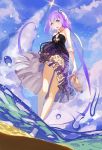 aoki_lapis arms_behind_back bare_shoulders barefoot blue_eyes cloud clouds dress dutch_angle from_below hair_ornament highres holding holding_arm holding_shoes legs lia-sama liftoff long_hair looking_at_viewer open_mouth partially_underwater_shot print_dress purple_eyes purple_hair shoes shoes_removed sky smile solo tourmaline twintails very_long_hair violet_eyes vocaloid wading water water_droplets wet_lens 
