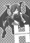  angeltype comic demon_tail demon_wings garter_straps head_wings highres koakuma monochrome smile solo tail thigh-highs thighhighs touhou wings wink 