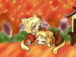  aki_minoriko aki_shizuha animal_ears arana_21 blonde_hair cat_ears cat_tail chibi closed_eyes eyes_closed hair_ornament leaf long_sleeves maple_leaf multiple_girls mutsuki_(tsugaidanuki) petting short_hair siblings sisters tail touhou wide_sleeves 