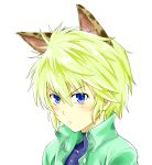  :&lt; animal_ears blue_eyes blush cat_ears ester_elhas extra_ears green_hair highres kemonomimi_mode oku_hideki portrait short_hair simple_background solo super_robot_wars super_robot_wars_z2 white_background 