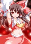  arm_up armpits ascot bow brown_hair detached_hair detached_sleeves hair_bow hair_tubes hakurei_reimu kagerou_(kers) navel open_mouth red_eyes smile solo touhou 