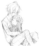  1girl blush closed_eyes hug inu_x_boku_ss long_hair miketsukami_soushi monochrome shirakiin_ririchiyo sitting sketch tsu wink 