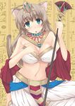 ahoge animal_ears blush breasts brown_hair cat_ears cat_tail choker cleavage egyptian egyptian_clothes geminiboar green_eyes highres large_breasts long_hair lynette_bishop midriff navel solo staff strike_witches tail tiara 