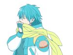  1boy blue_hair dramatical_murder fingerless_gloves gloves jacket male_focus minato_(robin) scarf seragaki_aoba solo white_background 