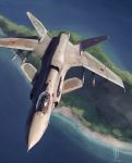  ace_combat ace_combat_assault_horizon aircraft airplane asf-x_shinden_ii fighter_jet highres island japan jet missile ocean pilot_suit pvtskwerl realistic science_fiction signature solo video_game 