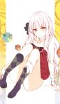  absurdres argyle argyle_legwear arm_support bandage bandages caren_hortensia caren_ortensia collarbone convenient_leg fate/hollow_ataraxia fate_(series) hair_ribbon highres kneehighs looking_at_viewer morii_shizuki no_panties ribbon scan sitting socks solo star_print white_hair yellow_eyes 