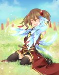  animal black_legwear breastplate brown_hair errant feathers fingerless_gloves from_behind gloves highres pina_(sao) short_twintails silica sword_art_online tears thigh-highs thighhighs toutenkou twintails 