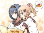  2girls :d alternate_hairstyle book braid brown_eyes english furutani_himawari greenwich000 hair_ornament hairband hairclip multiple_girls oomuro_sakurako open_mouth pie ponytail school_uniform serafuku smile speech_bubble twin_braids yuru_yuri 