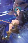  absurdres blue_hair boots broom broom_riding cloud clouds hat highres night night_sky open_mouth original pink_eyes rebreather scan short_hair sitting sky solo translated translation_request witch witch_hat yuugen 