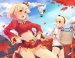  3girls :d aki_minoriko aki_shizuha alternate_costume animal_ears apple ass autumn_leaves bare_shoulders basket blonde_hair blush buruma chibi detached_sleeves dress fish flying flying_sweatdrops food fruit geta grapes gym_uniform hairband holding impossible_clothes impossible_shirt inubashiri_momiji leaf leaves long_hair midriff multiple_girls navel open_mouth panties persimmon pom_pom_(clothes) red_eyes shin_(new) short_hair siblings sisters skirt_basket sky smile tail tomato touhou underwear white_hair white_panties wolf_ears wolf_tail |_| 