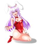  animal_ears bowtie breasts bunny_ears bunnysuit cleavage detached_collar high_heels leotard long_hair nail_polish open_mouth purple_hair rabbit_ears red_eyes reisen_udongein_inaba shoes sitting smile solo touhou very_long_hair 
