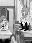  1boy 1girl ? alternate_costume fangs glasses monochrome odamaki_sapphire pokemon pokemon_special ponytail ruby_(pokemon) school_uniform sitting sweatdrop tegaki tkskndk 