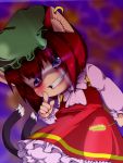  animal_ears bow brown_hair cat_ears cat_tail chen earrings evil_smile glowing glowing_eyes hat jewelry long_sleeves multiple_tails no_nose purple_eyes short_hair smile solo tail touhou verta_(verlaine) violet_eyes 