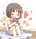  &gt;_&lt; animal_hug black_hair blush cat closed_eyes daitirumoesu eyes_closed glue heart hug nichijou open_mouth sakamoto_(nichijou) school_uniform shinonome_nano sitting skirt 