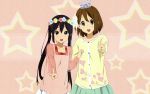  2girls black_hair brown_eyes brown_hair crown flower hirasawa_yui horiguchi_yukiko k-on! long_hair nakano_azusa photoshop red_eyes scan see_through short_hair stars twintails 