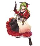  blazing_souls blush boots buckle choker dress frills gloves green_hair gun half_updo hand_on_hip hirano_katsuyuki jacket lisa_(blazing_souls) long_hair official_art red_eyes revolved revolver smile solo spectral_(series) trigger_discipline weapon white_background 