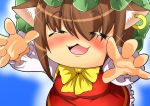  animal_ears blush bow brown_hair cat_ears chen closed_eyes earrings eyes_closed face fang jewelry long_sleeves open_mouth outstretched_arms reaching short_hair solo sparkle touhou verta_(verlaine) 