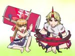  :d barefoot blonde_hair bow chain chains closed_eyes cuffs dr_pepper eyes_closed fang hair_bow highres horn horns hoshiguma_yuugi ibuki_suika jeno long_hair multiple_girls open_mouth oversized_object pointy_ears red_eyes sakazuki shackles sitting sleeveless smile star tongue touhou wrist_cuffs 