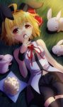  ahoge alternate_costume animal_ears bare_shoulders black_legwear blonde_hair blush breasts bunny bunny_ears eating fang hair_ribbon highres on_back on_grass on_ground open_mouth rabbit rabbit_ears red_eyes ribbon rumia sakuyabm short_hair shorts solo sunset thigh-highs thighhighs touhou wrist_cuffs 
