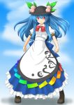 blue_hair bow cross-laced_footwear food fruit hat highres hinanawi_tenshi leaf long_hair long_skirt peach puffy_sleeves red_eyes short_sleeves skirt smile solo standing t2r touhou