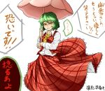  arana_21 clenched_teeth green_hair highres kazami_yuuka long_skirt long_sleeves mutsuki_(tsugaidanuki) puffy_sleeves red_eyes short_hair skirt skirt_set solo touhou translation_request umbrella veins wind 