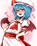  ascot bat_wings blue_hair blush brooch bust flapping hands_on_hips hat jewelry nose_blush red_eyes remilia_scarlet roki_(hirokix) short_hair smug solo sparkle touhou wings 