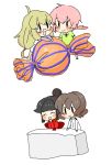  2girls abrame black_hair blonde_hair brown_hair candy glasses highres inazuma_eleven inazuma_eleven_(series) inazuma_eleven_go inazuma_eleven_go_chrono_stone jeanne_d&#039;arc_(inazuma_eleven) jeanne_d'arc_(inazuma_eleven) kirino_ranmaru multiple_boys multiple_girls okatsu_(inazuma_eleven) pink_hair shindou_takuto smile tofu twintails 