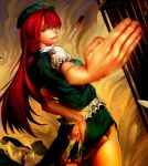  ant_of_spirit arm_behind_back between_fingers blue_eyes blurry braid depth_of_field fighting_stance fingernails hair_over_one_eye hat hong_meiling izayoi_sakuya knife long_hair red_hair redhead reflection smile solo star touhou twin_braids 