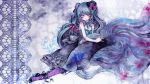  animal bare_shoulders blue_hair bow colored_eyelashes dress fish hair_ribbon hat hat_bow hatsune_miku long_hair mini_top_hat miri oversized_animal pantyhose purple_eyes ribbon solo top_hat traditional_media very_long_hair violet_eyes vocaloid wallpaper watercolor_(medium) 