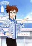  absurdres ahoge akizuki_ritsuko artist_request brown_eyes brown_hair glasses hand_on_hip happy highres idolmaster lawson glasses official_art open_mouth short_hair sky the_idolm@ster 