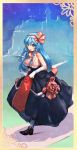  blue_eyes blue_hair bow bow_(bhp) braid breasts cleavage dress elbow_gloves gloves hair_bow hairband large_breasts loafers long_hair original shoes twin_braids 