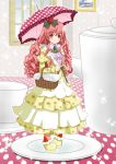  1girl dress food food_themed_clothes fruit hair_ornament highres looking_at_viewer original over_shoulder personification picnic_basket pink_hair pink_legwear plate pocketland red_eyes shoes smile solo strawberry strawberry_shortcake umbrella window yellow_dress yellow_shoes yukion 