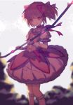  1girl bow bow_(weapon) bubble_skirt choker gloves hair_ribbon highres holding_weapon kaname_madoka kneehighs looking_at_viewer magical_girl mahou_shoujo_madoka_magica pink_eyes pink_hair ribbon short_hair short_twintails skirt smile solo twintails weapon white_gloves white_legwear yasiromann 