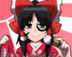  alternate_costume blush bow brush green_eyes hair_bow hair_tubes hakurei_reimu ink japanese_clothes jeno smile solo touhou wide_sleeves 