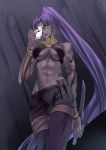  abs assassin_(fate/zero) bracelet dagger earrings fate/zero fate_(series) female_assassin_(fate/zero) highres jewelry long_hair mask mask_removed muscle ponytail purple_hair ring silangwan solo weapon yellow_eyes 